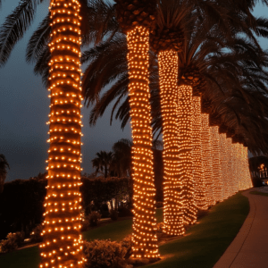 row of palm trees in south florida with orange halloween lights wrapped around them